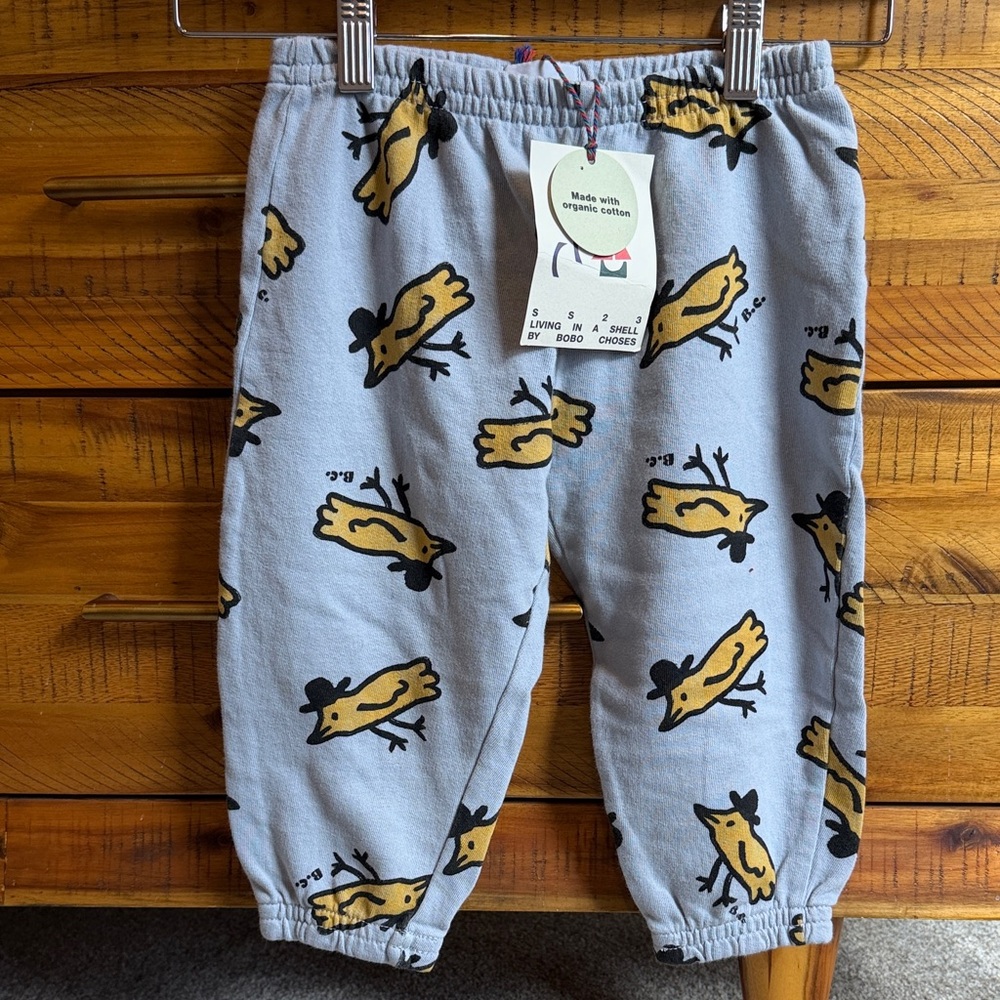 NWT Bobo Chooses Organic Cotton Gray Kids Pants with Yellow Bird Print